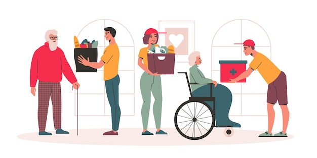 Ilustración de color plano de caridad con jóvenes personajes voluntarios que cuidan a ancianos discapacitados ilustración vectorial