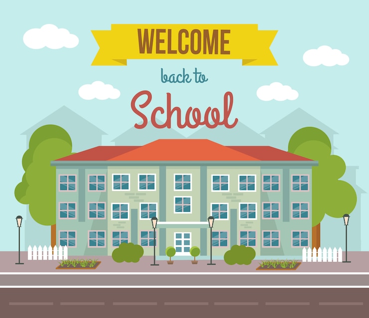 Vector gratuito ilustración de color plano de la escuela con el paisaje del edificio y bienvenido al título de la escuela
