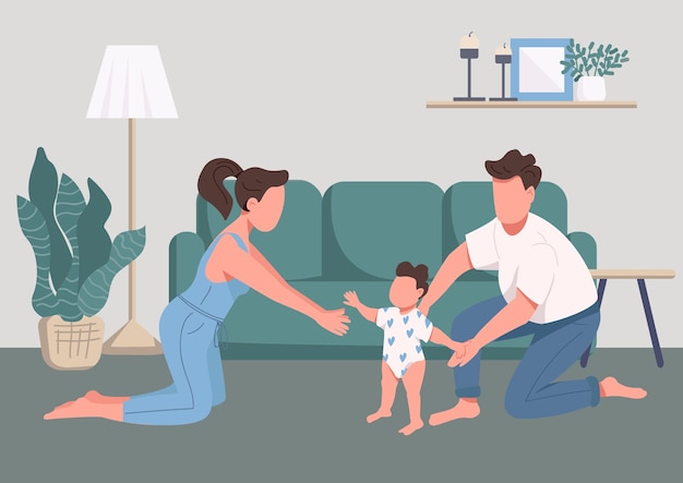 Ilustracion De Color Plano De Momentos Felices Familiares Cuidado De Ninos Y Paternidad Primeros Pasos Del