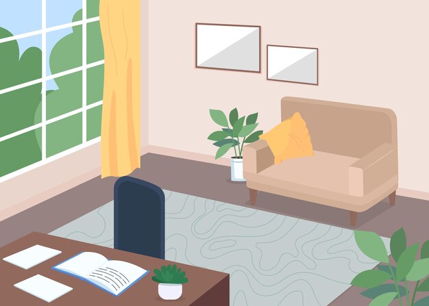 Ilustración de color plano de sala de estar moderna. mira la televisión