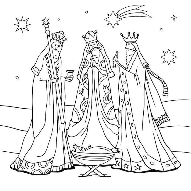 Ilustración para colorear de reyes magos dibujada a mano