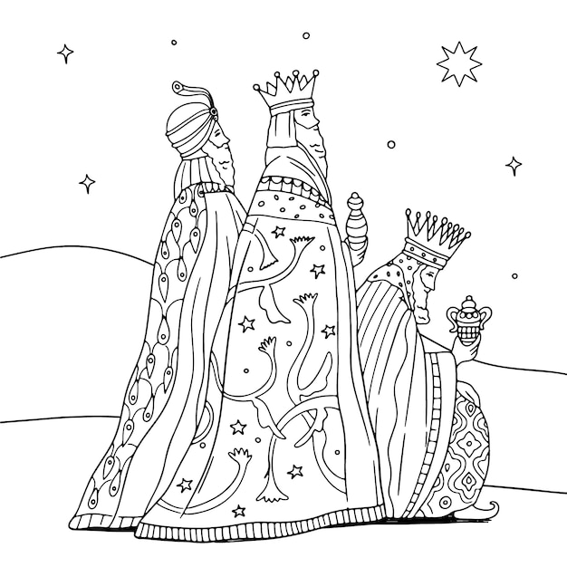 Ilustración para colorear de reyes magos dibujada a mano