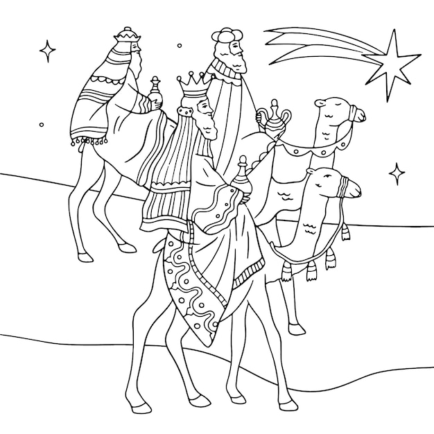 Ilustración para colorear de reyes magos dibujada a mano