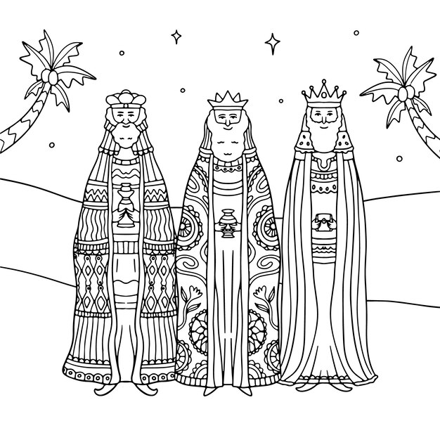 Ilustración para colorear de reyes magos dibujada a mano