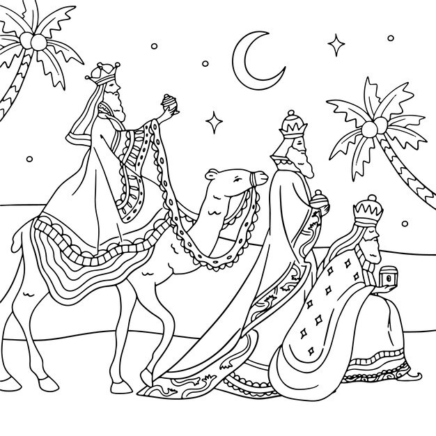 Ilustración para colorear de reyes magos dibujada a mano