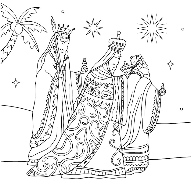 Ilustración para colorear de reyes magos dibujada a mano