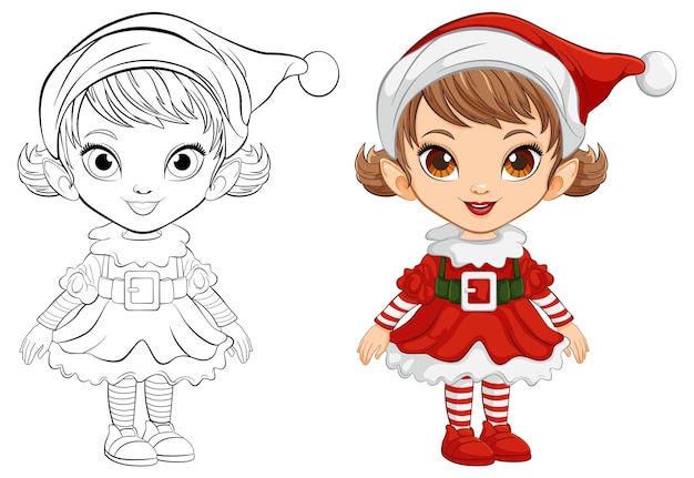 Vector gratuito ilustración y coloreo de la niña elfa de navidad