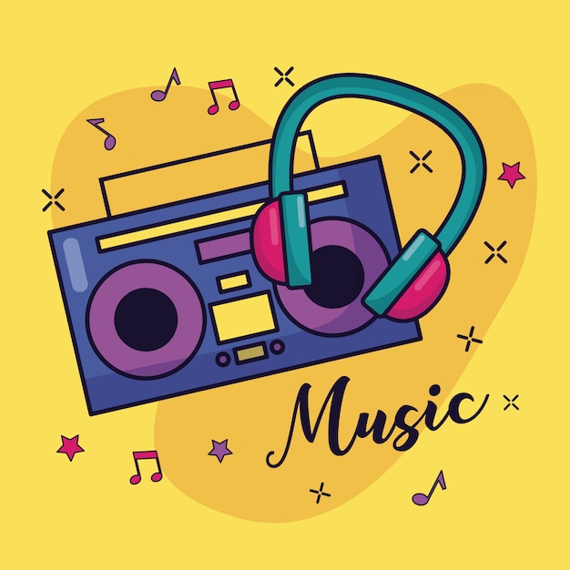 Ilustración colorida de boombox y auriculares música