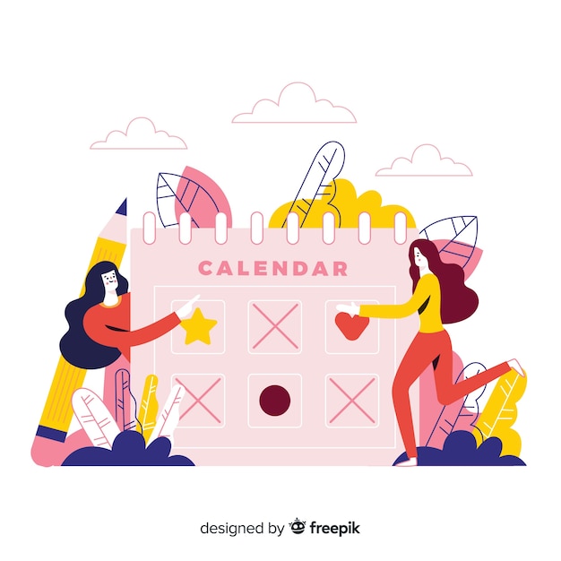 Ilustración colorida con calendario y personas