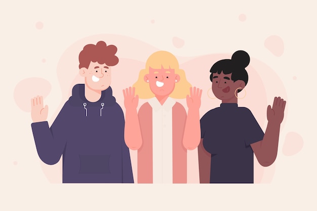 Ilustración colorida con gente agitando la mano