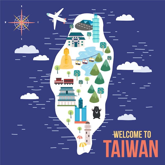 Ilustración colorida del mapa de taiwán con hitos