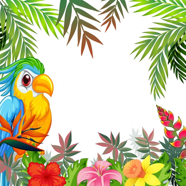 Ilustración colorida de pájaros y plantas tropicales
