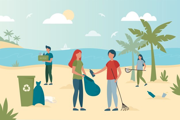 Ilustración colorida de personas limpiando la playa
