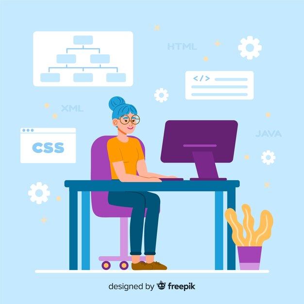 Ilustración colorida del programador femenino trabajando