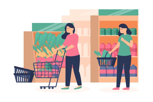 Ilustración de comestibles de compras de personas