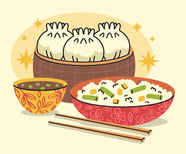 Ilustración de comida china de diseño plano dibujado a mano