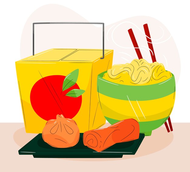 Ilustración de comida china de diseño plano dibujado a mano