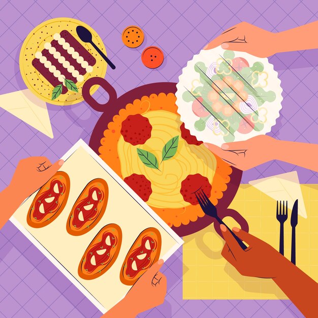 Ilustración de comida compartida dibujada a mano