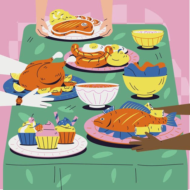 Ilustración de comida compartida de diseño plano