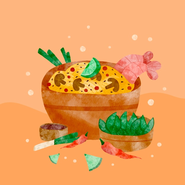 Ilustración de comida coreana acuarela