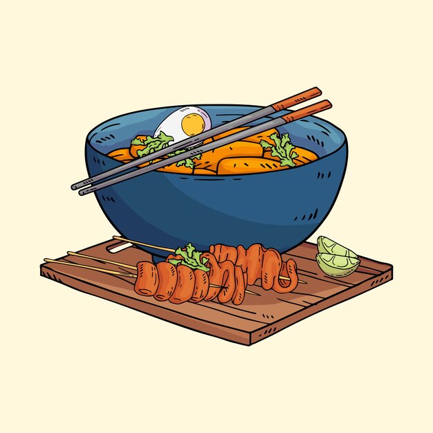 Ilustración de comida coreana acuarela