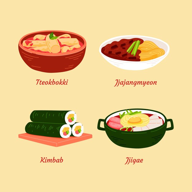 Ilustración de comida coreana dibujada a mano