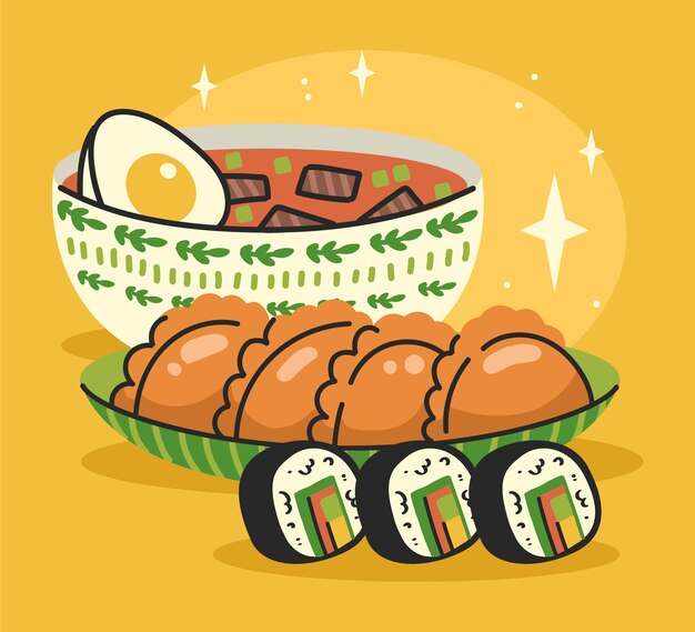 Ilustración de comida coreana dibujada a mano