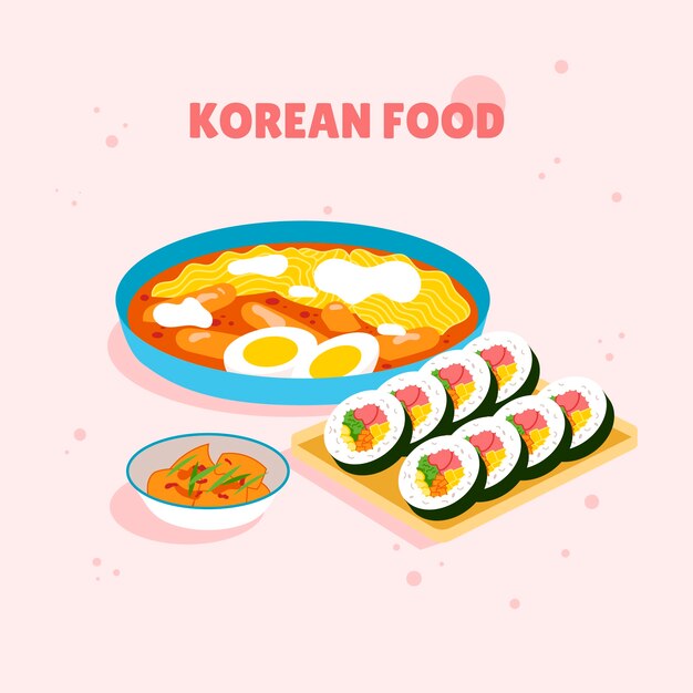 Ilustración de comida coreana de diseño plano dibujado a mano