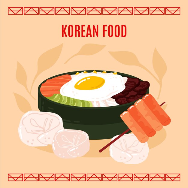 Ilustración de comida coreana de diseño plano dibujado a mano