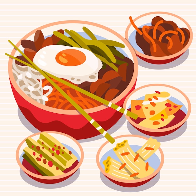 Ilustración de comida coreana de diseño plano dibujado a mano