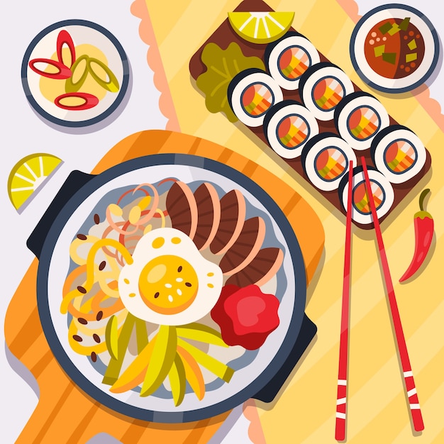 Ilustración de comida coreana de diseño plano dibujado a mano
