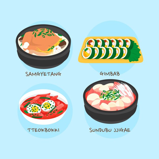 Ilustración de comida coreana de diseño plano dibujado a mano