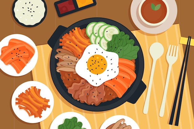 Ilustración de comida coreana de diseño plano
