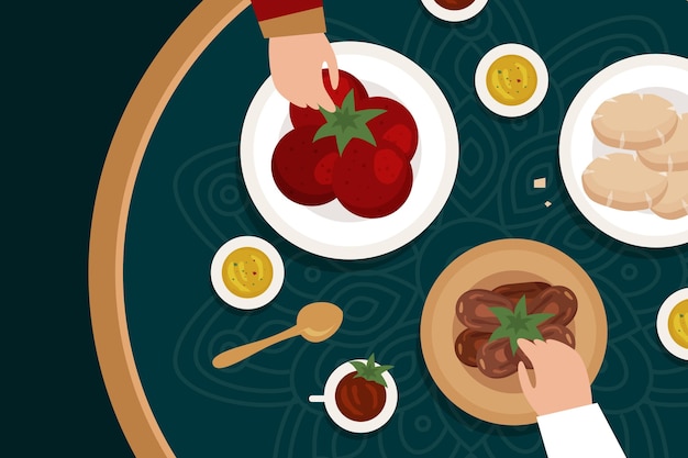 Ilustración de comida iftar plana