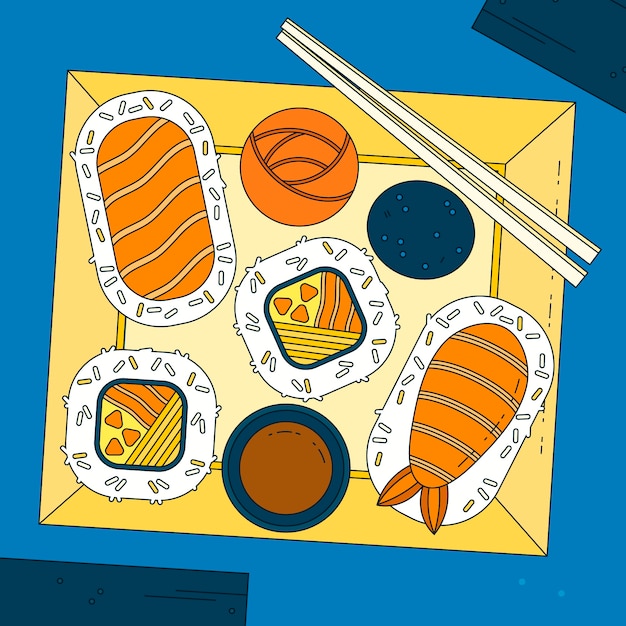 Ilustración de comida japonesa dibujada a mano