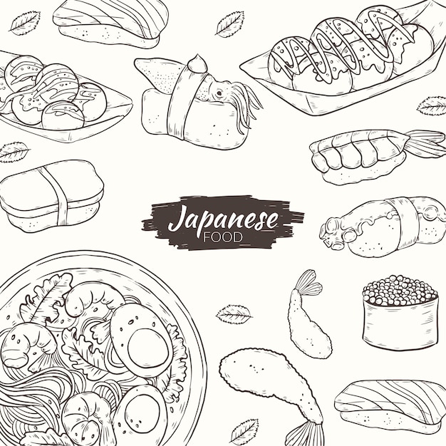 Ilustración de comida japonesa dibujada a mano