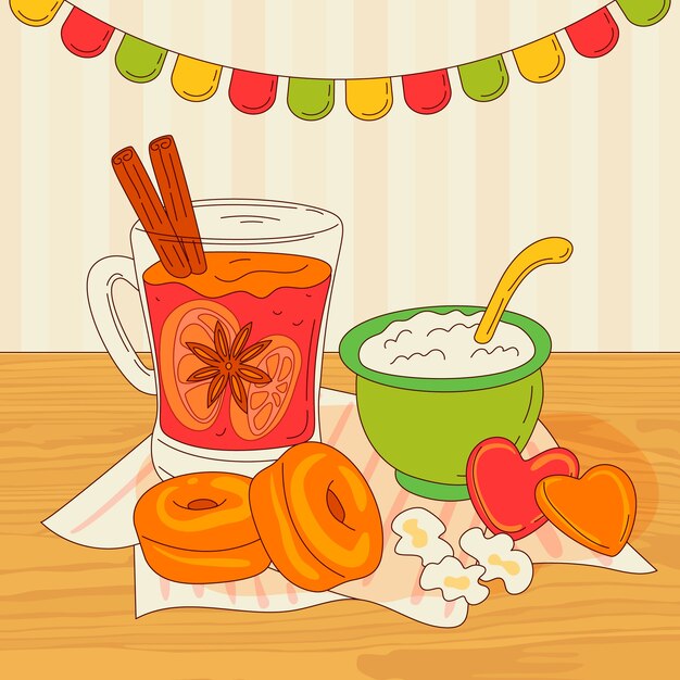 Ilustración de comida junina dibujada a mano