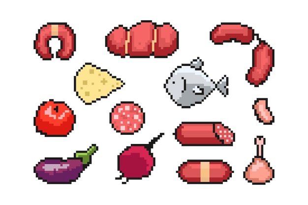 Ilustración de comida de pixel art de diseño plano