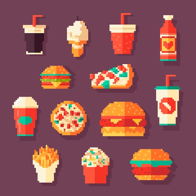 Ilustración de comida de pixel art de diseño plano