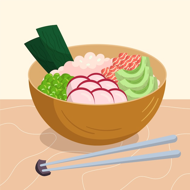 Ilustración de comida de poke bowl dibujada a mano
