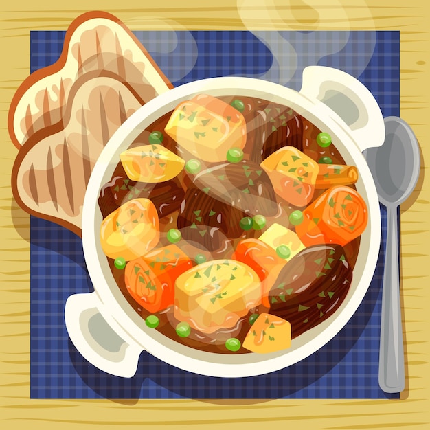 Ilustración de comida reconfortante con carne y verduras