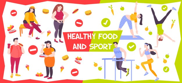 Ilustración de comida sana y deporte.