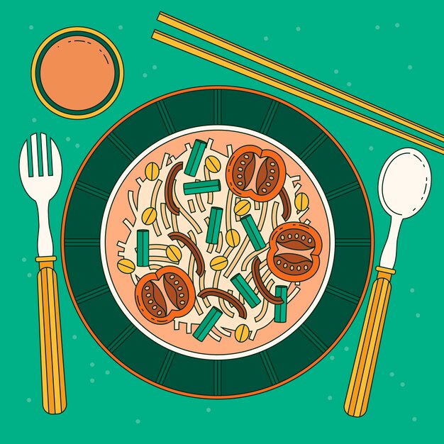Ilustración de comida tailandesa dibujada a mano