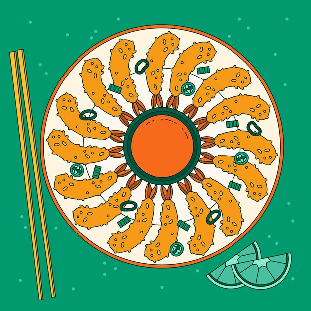 Ilustración de comida tailandesa dibujada a mano