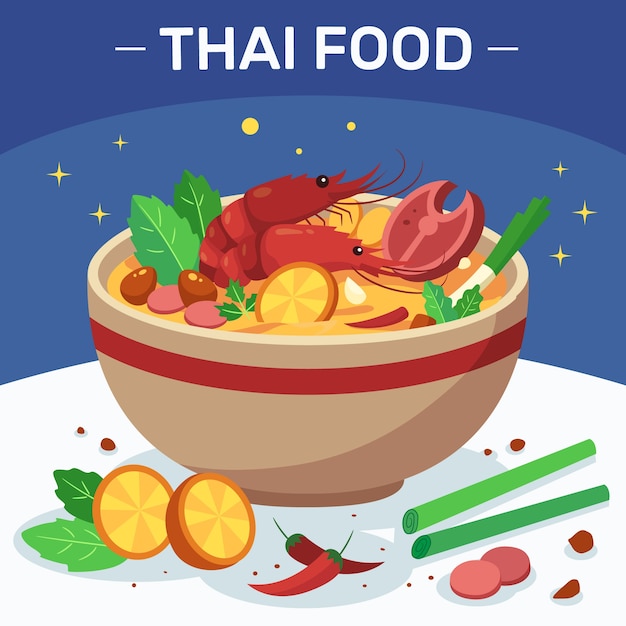 Ilustración de comida tailandesa de diseño plano dibujado a mano