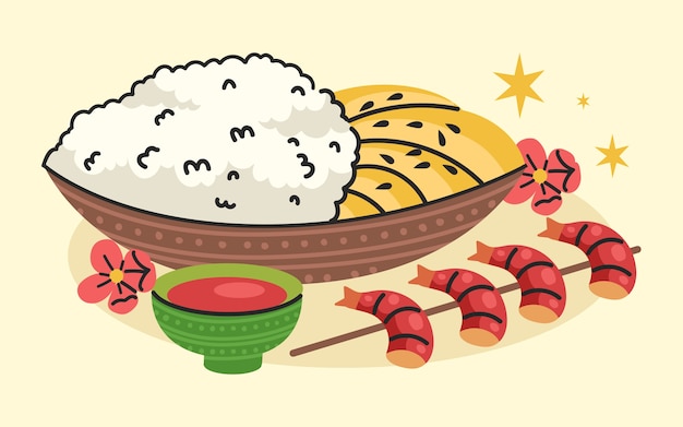 Ilustración de comida tailandesa de diseño plano dibujado a mano