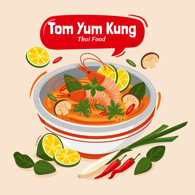 Ilustración de comida tailandesa de diseño plano dibujado a mano