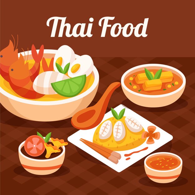 Ilustración de comida tailandesa de diseño plano