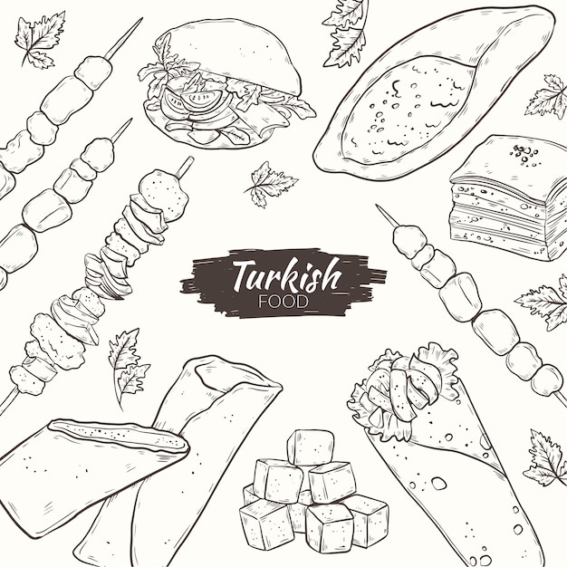 Ilustración de comida turca dibujada a mano