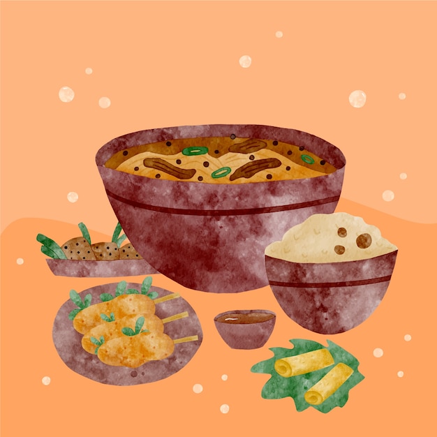Ilustración de comida vietnamita acuarela
